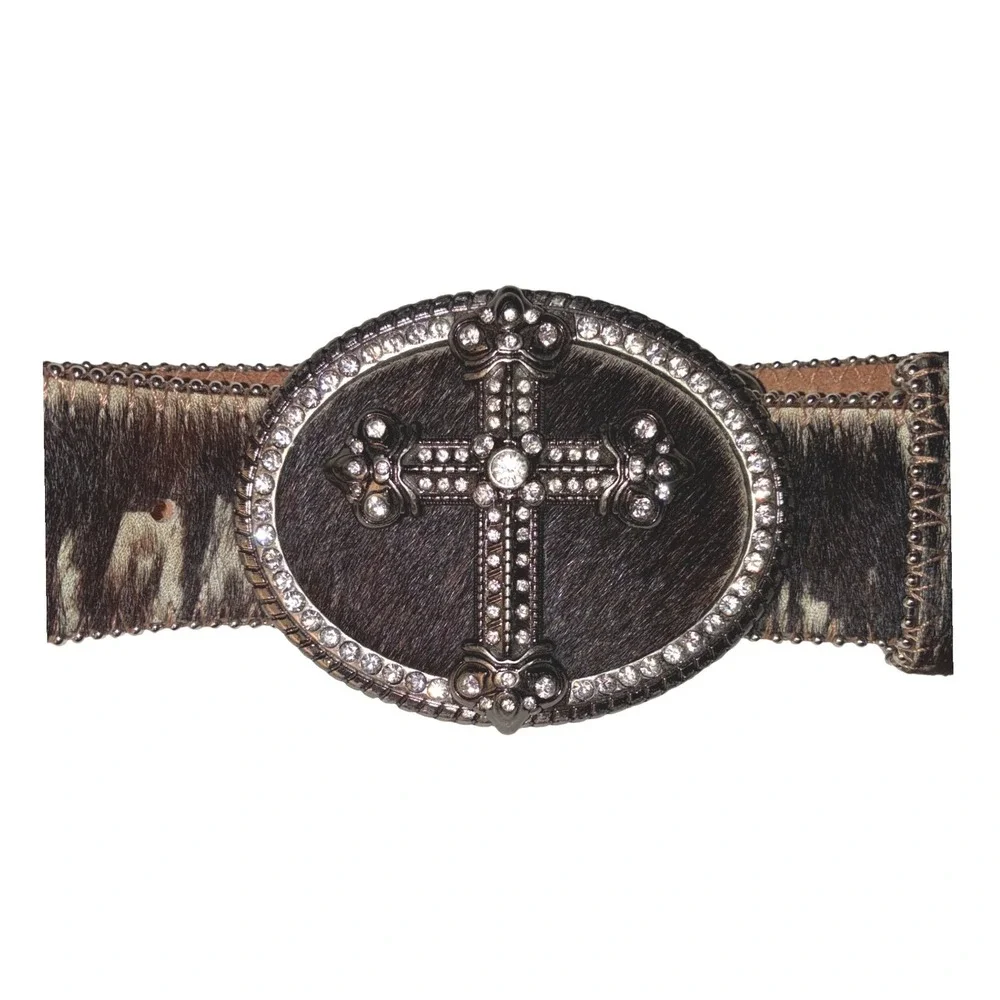 Women's M Brown Genuine Leather Belt Studded Rhinestone Cross Buckle Western